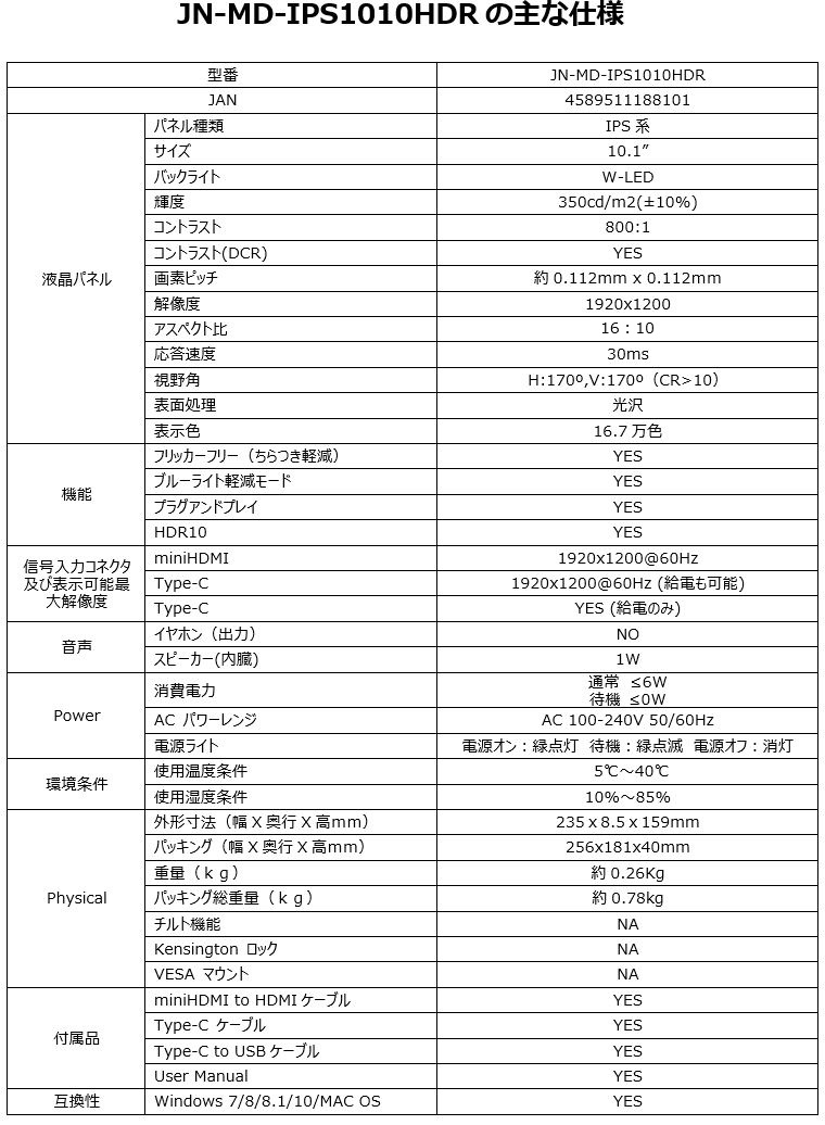 JAPANNEXT JN-MD-IPS1010HDR 10.1型 モバイルディスプレイ HDR