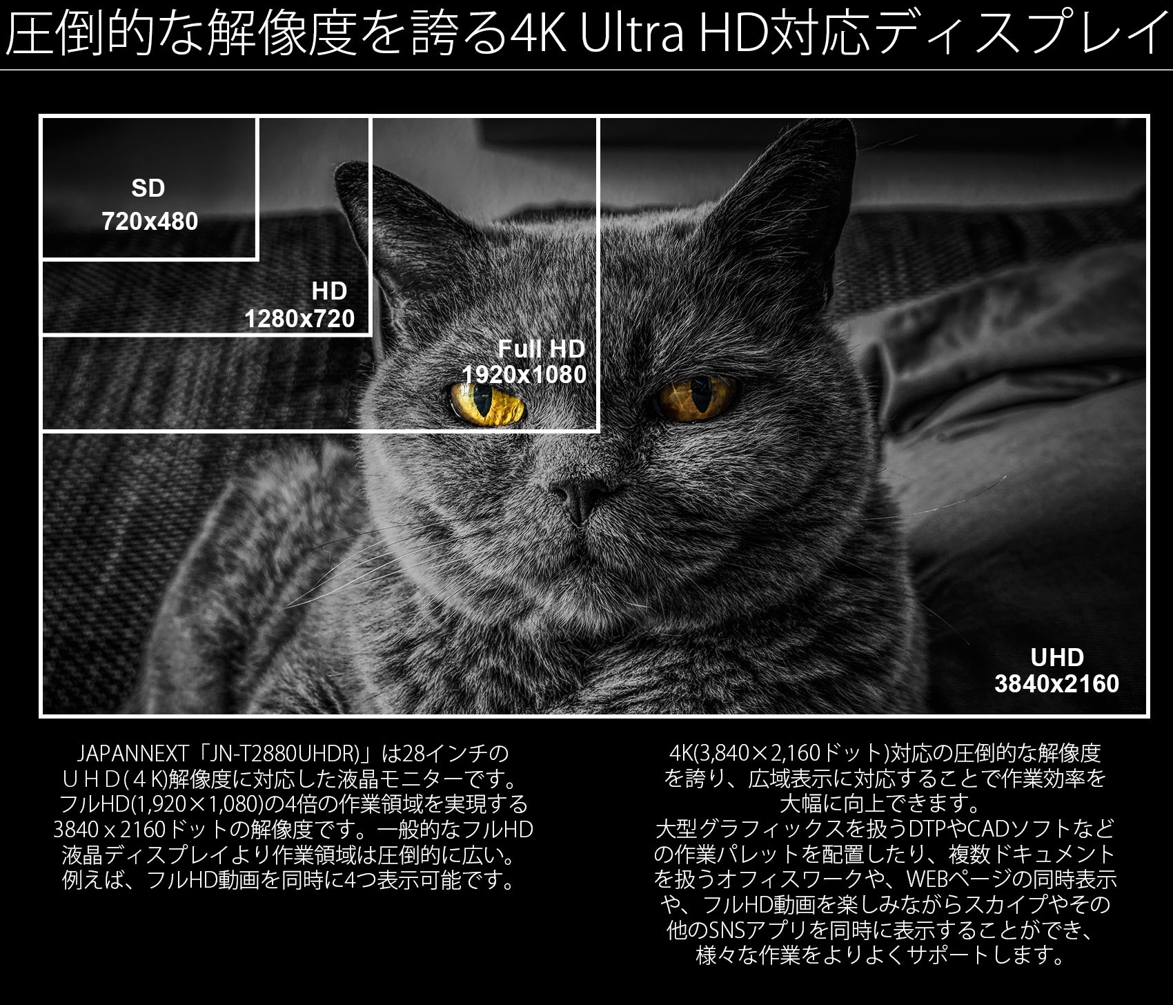 JAPANNEXT「JN-IPS320CUHDR」は32インチのUHD（4K）解像度に対応した液晶ディスプレイです。フルHD（1920×1080）の4倍の作業領域を実現する3840ｘ2160ドットの解像度です。一般的なフルHD液晶ディスプレイより作業領域は圧倒的に広い。例えば、フルHD動画を同時に4つ表示可能です。4K（3840×2160ドット）対応の圧倒的な解像度を誇り、広域表示に対応することで作業効率を大幅に向上できます。大型グラフィックスを扱うDTPやCADソフトなどの作業パレットを配置したり、複数ドキュメントを扱うオフィスワークや、WEBページの同時表示や、フルHD動画を楽しみながらスカイプやその他のSNSアプリを同時に表示することができ、様々な作業をよりよくサポートします。