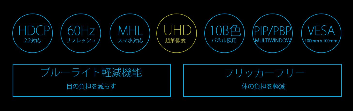 HDCP) (60Hz MHL スマホ対応 UHD) 10B色) PIP/PBP) ( VESA MULTIWINDOW 2.2対応 リフレッシュ 超解像度 パネル採用 100mmx100mm/ ブルーライト軽減機能 目の負担を減らす フリッカーフリー 体の負担を軽減