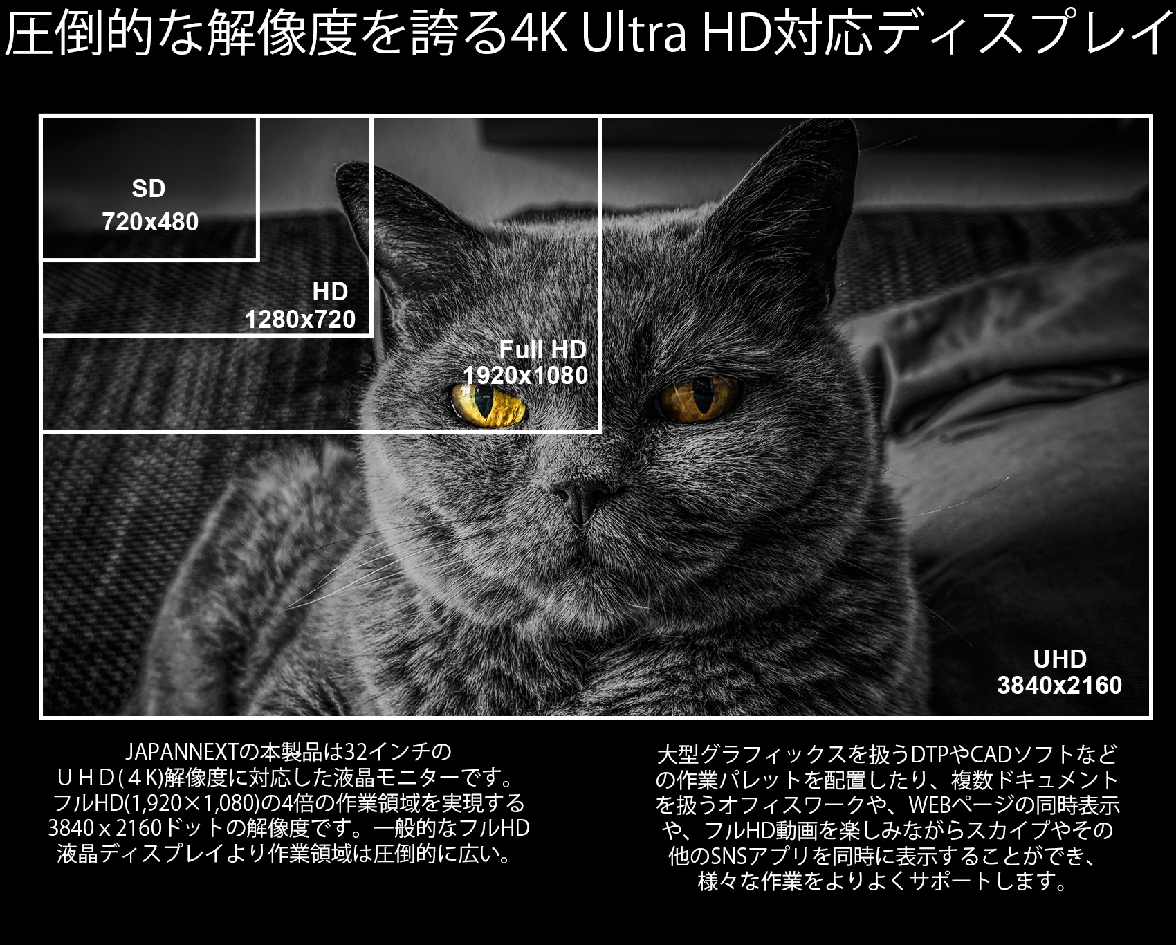 JAPANNEXT「JN-IPS320CUHDR」は32インチのUHD（4K）解像度に対応した液晶ディスプレイです。フルHD（1920×1080）の4倍の作業領域を実現する3840ｘ2160ドットの解像度です。一般的なフルHD液晶ディスプレイより作業領域は圧倒的に広い。例えば、フルHD動画を同時に4つ表示可能です。4K（3840×2160ドット）対応の圧倒的な解像度を誇り、広域表示に対応することで作業効率を大幅に向上できます。大型グラフィックスを扱うDTPやCADソフトなどの作業パレットを配置したり、複数ドキュメントを扱うオフィスワークや、WEBページの同時表示や、フルHD動画を楽しみながらスカイプやその他のSNSアプリを同時に表示することができ、様々な作業をよりよくサポートします。