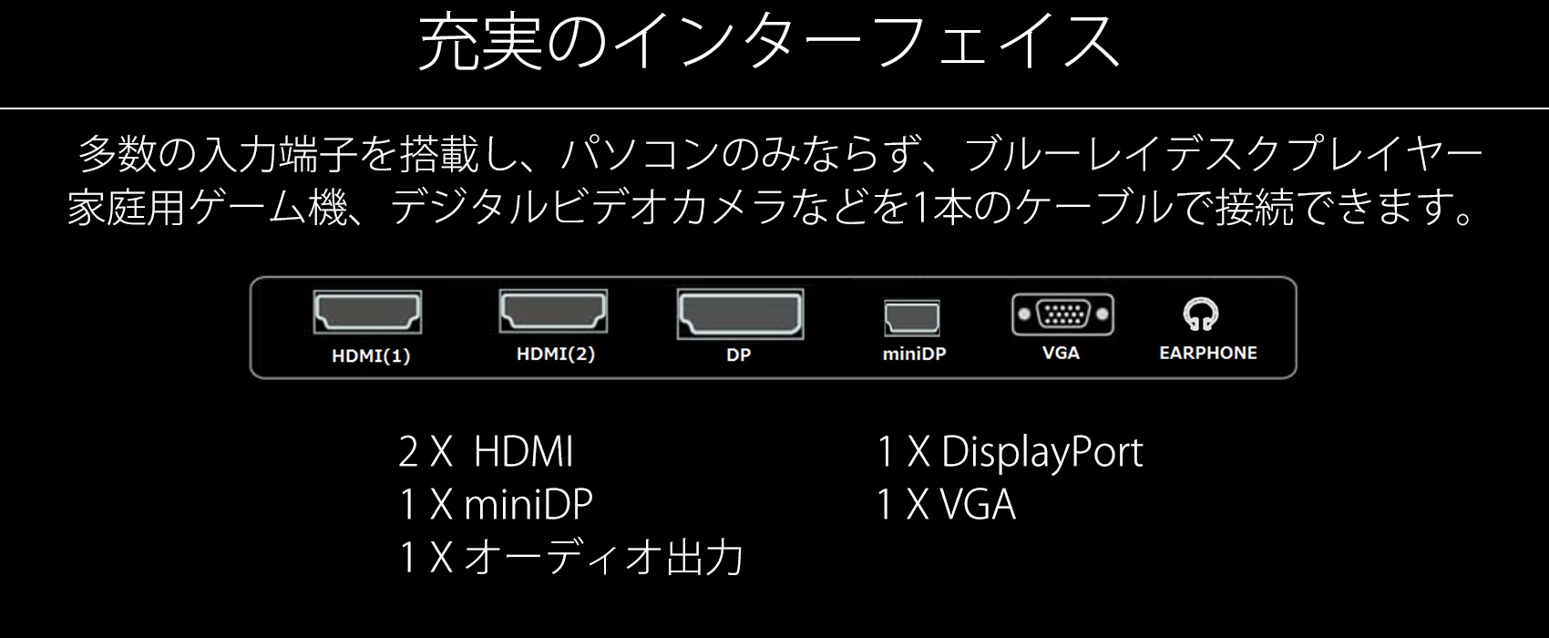 充実のインターフェイス 多数の入力端子を搭載し、パソコンのみならず、ブルーレイデスクプレイヤー 家庭用ゲーム機、デジタルビデオカメラなどを1本のケーブルで接続できます。 HDMI(1) HDMI(2) DP miniDP VGA EARPHONE 2X HDMI 1 X miniDP 1X オーディオ出力 1 X DisplayPort 1 X VGA
