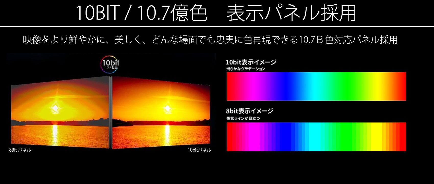 10bit パネル 1.07b色　パネル採用 映像をより鮮やかに、美しく、どんな場面でも忠実な色再現できる1.07B色対応パネル採用。