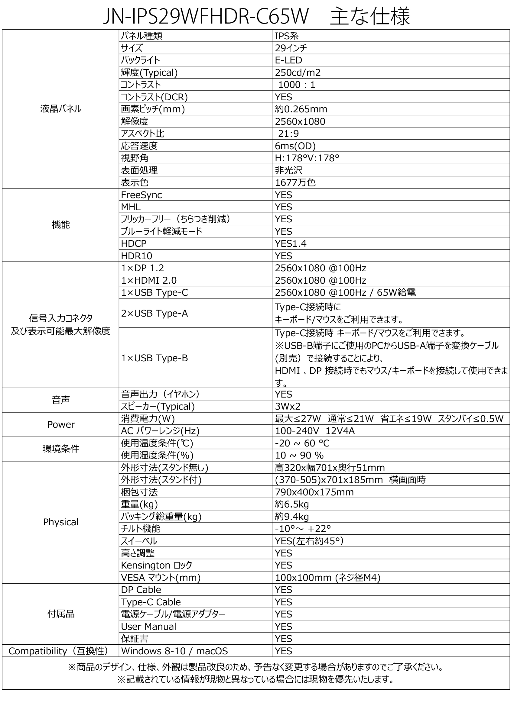 生産完了〉<br>JAPANNEXT 「JN-IPS29WFHDR-C65W」<br>29型ウルトラ 