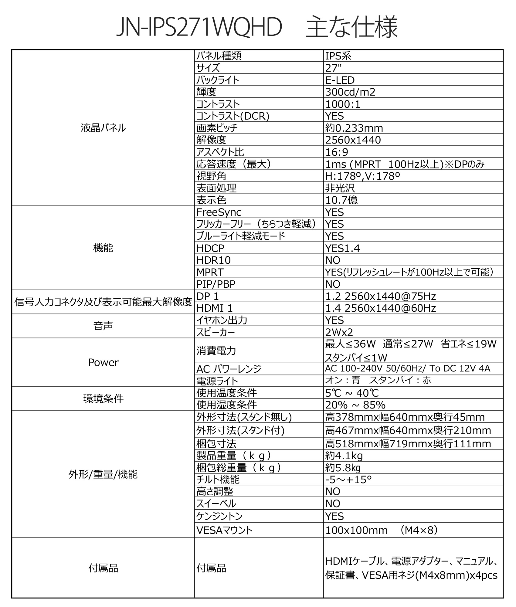 JAPANNEXT 「JN-IPS271WQHD」<br>27インチ WQHD(2560 x 1440) 液晶モニター <br>（HDMI、 DP）※在庫有り  | 液晶ディスプレイ | | japannext