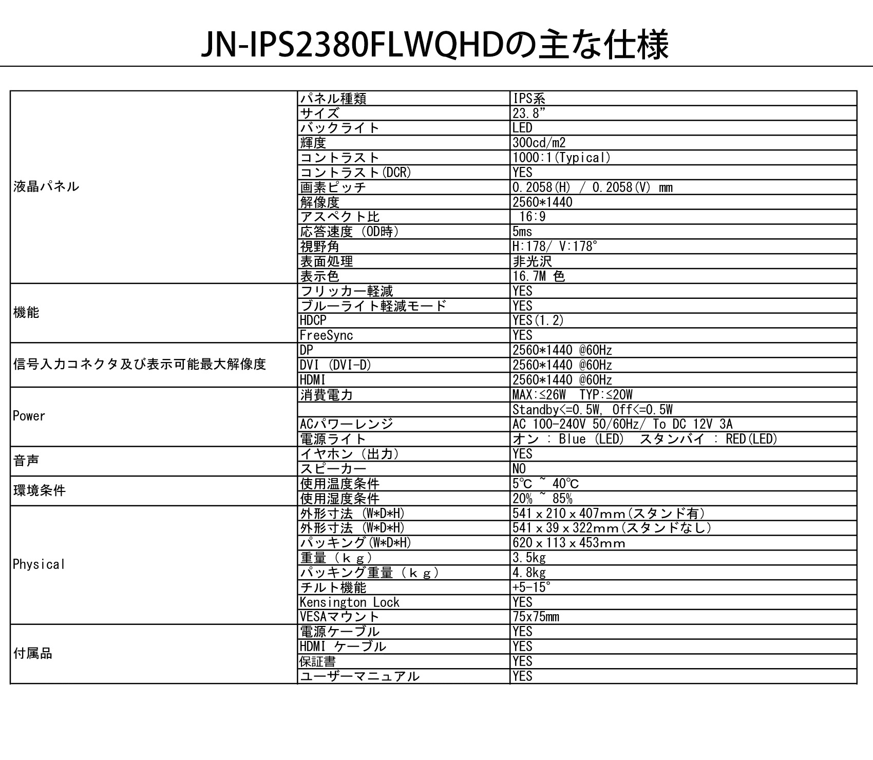 JAPANNEXT JN-IPS2380FLWQHD (23.8型液晶ディスプレイ/フレームレス 