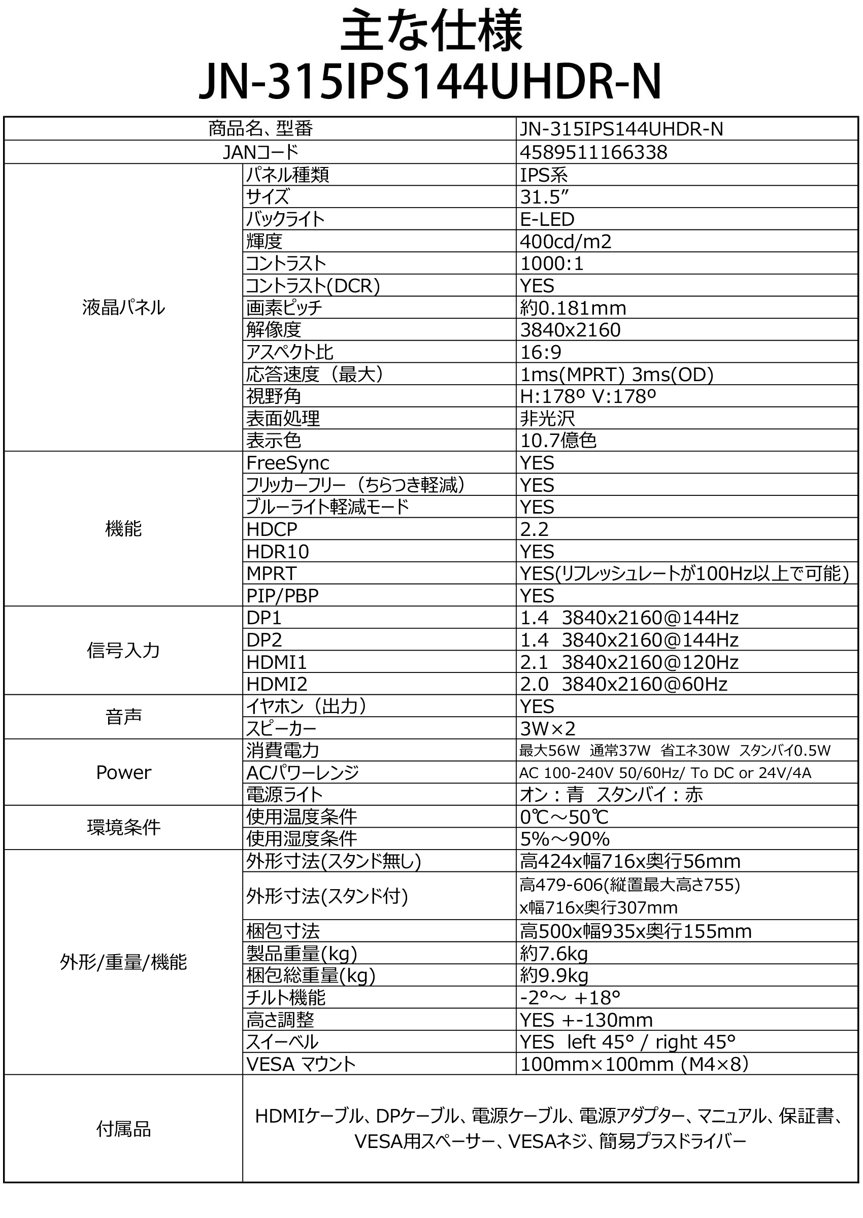 JAPANNEXT「JN-315IPS144UHDR-N」<br> 31.5型IPS系パネル搭載４K