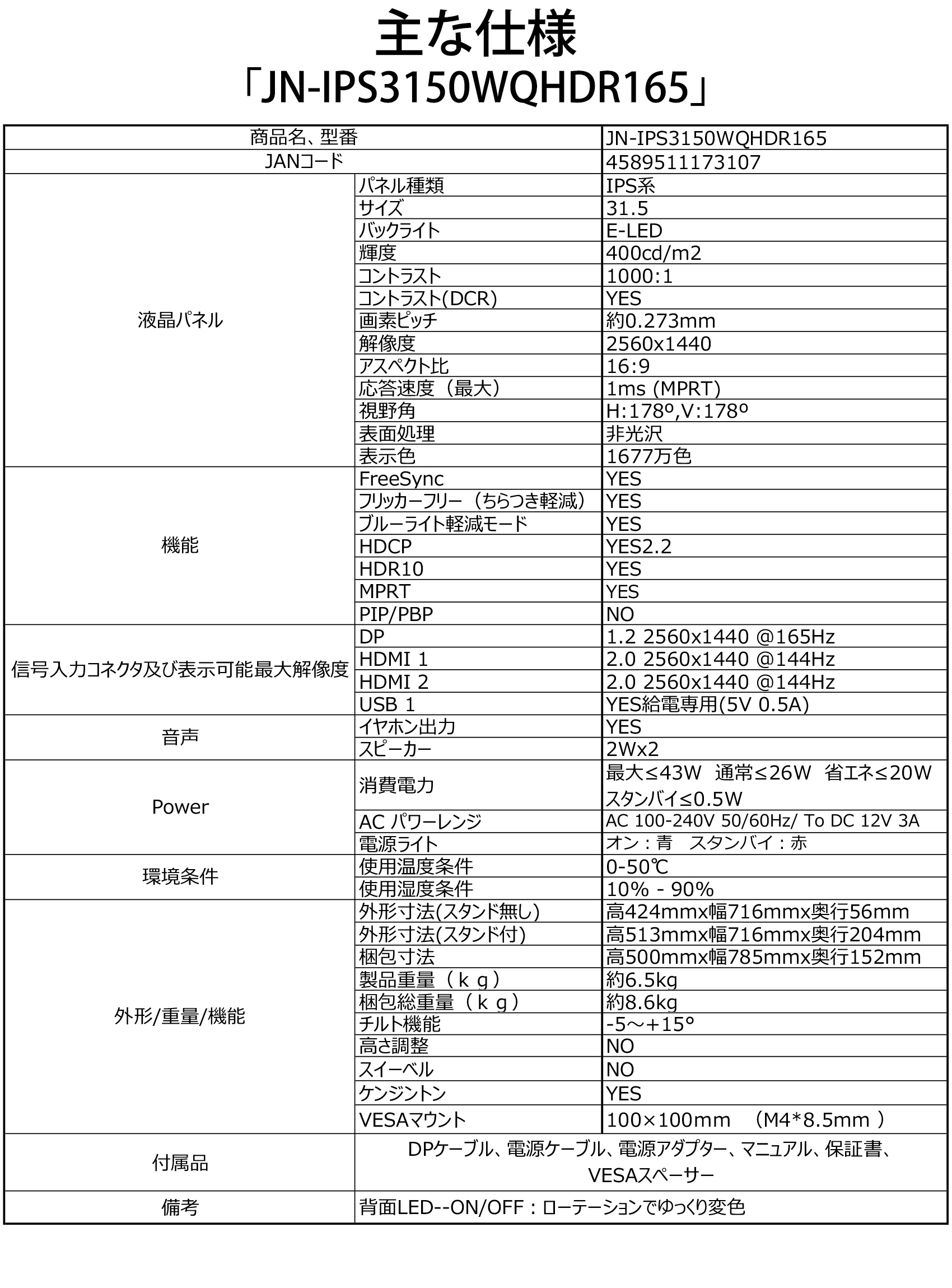 JAPANNEXT「JN-IPS3150WQHDR165」<br> 31.5インチIPS系パネル搭載